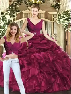 V-neck Sleeveless Backless Quinceanera Gown Burgundy Organza Pick Ups