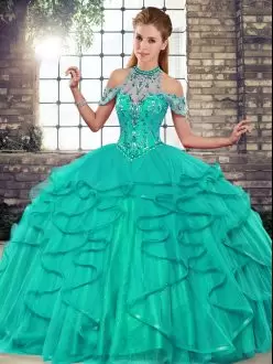 Turquoise Tulle Lace Up Halter Top Sleeveless Floor Length Quinceanera Gowns Beading and Ruffles