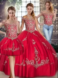 Red Off The Shoulder Lace Up Beading and Embroidery Sweet 16 Dress Sleeveless
