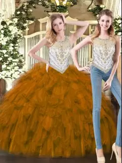 Colorful Brown Quinceanera Gowns Military Ball and Sweet 16 and Quinceanera with Beading and Ruffles Scoop Sleeveless Zipper