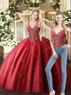 Beading Ball Gown Prom Dress Wine Red Lace Up Sleeveless Floor Length
