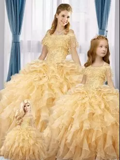 Gold Organza Quinceanera Gowns Sleeveless Floor Length Beading and Ruffles