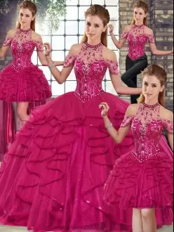 Fuchsia Tulle Lace Up Ball Gown Prom Dress Sleeveless Floor Length Beading and Ruffles