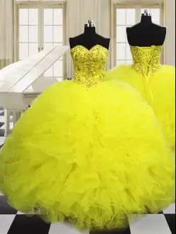 Excellent Light Yellow Quinceanera Dress Military Ball and Sweet 16 and Quinceanera with Beading and Ruffles Sweetheart Sleeveless Lace Up