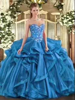 High End Sleeveless Floor Length Embroidery and Ruffles Lace Up Sweet 16 Dresses with Blue