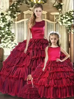 Eye-catching Wine Red Scoop Lace Up Ruffled Layers Quince Ball Gowns Sleeveless