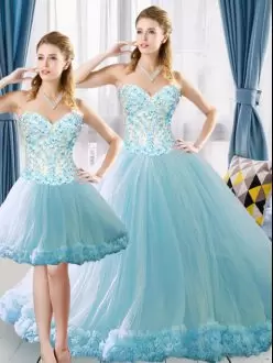 High Quality Light Blue Tulle Lace Up Vestidos de Quinceanera Sleeveless Brush Train Appliques