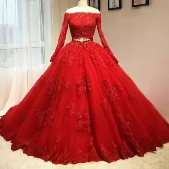 Elegant Red Long Sleeves Tulle Quinceanera Dress With Belt and Off The Shoulder