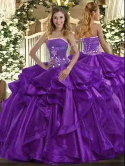 Purple Strapless Neckline Beading and Ruffles 15 Quinceanera Dress Sleeveless Lace Up