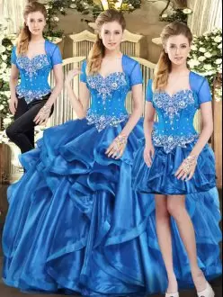Wonderful Sweetheart Sleeveless Sweet 16 Dresses Floor Length Beading and Ruffles Blue Organza