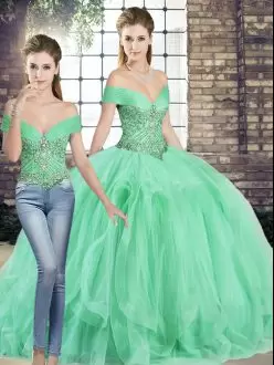 Beading and Ruffles 15 Quinceanera Dress Apple Green Lace Up Sleeveless Floor Length