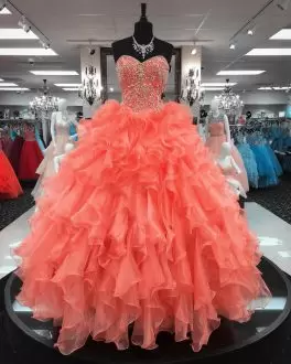 Lace Up Quinceanera Gowns Orange for Sweet 16 and Quinceanera with Beading and Ruffles