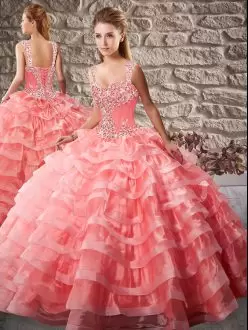 Modest Watermelon Red 15th Birthday Dress Straps Sleeveless Court Train Lace Up