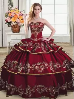 Enchanting Wine Red Ball Gowns Sweetheart Sleeveless Organza Floor Length Lace Up Embroidery and Ruffled Layers Sweet 16 Dress