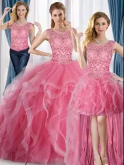 Pink Ball Gowns Beading 15 Quinceanera Dress Tulle Sleeveless Floor Length