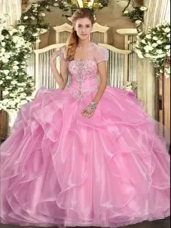 Custom Made Strapless Sleeveless Sweet 16 Quinceanera Dress Floor Length Appliques and Ruffles Rose Pink Organza