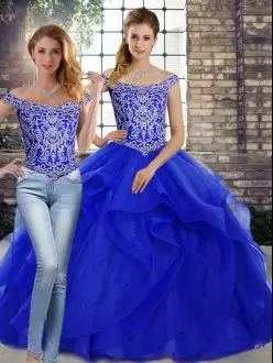 Royal Blue Quinceanera Gown Off The Shoulder Sleeveless Brush Train Lace Up
