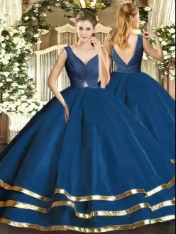 Fashion Navy Blue Ball Gowns V-neck Sleeveless Tulle Floor Length Backless Beading and Ruffled Layers Sweet 16 Dresses