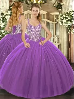Luxurious Straps Sleeveless Lace Up Vestidos de Quinceanera Purple Tulle Beading and Appliques