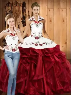 Best Floor Length Wine Red Sweet 16 Dress Organza Sleeveless Embroidery and Ruffles