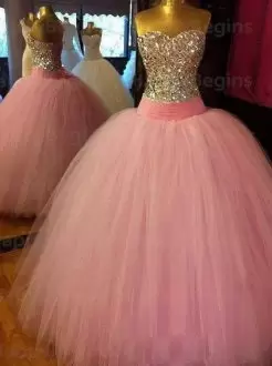 Comfortable Pink Fully Rhinestone Quinceanera Dress with Tulle Skirt