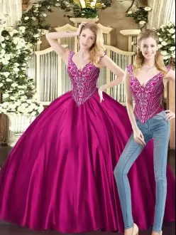 Admirable Sleeveless V-neck Lace Up Floor Length Beading Quinceanera Dresses V-neck