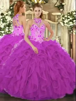 Custom Made Fuchsia Vestidos de Quinceanera Military Ball and Sweet 16 and Quinceanera with Beading and Embroidery and Ruffles Halter Top Sleeveless Lace Up