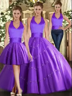 Fabulous Purple Sleeveless Tulle Lace Up Vestidos de Quinceanera for Sweet 16 and Quinceanera