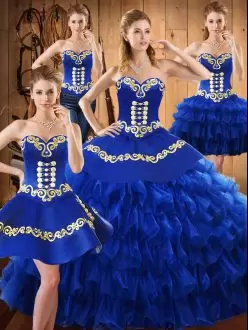 Royal Blue 4 Piece Ruffled Layers Quinceanera Dress with Golden Embroidery