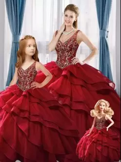 Suitable Floor Length Lace Up 15th Birthday Dress Red for Sweet 16 and Quinceanera with Beading and Ruffled Layers