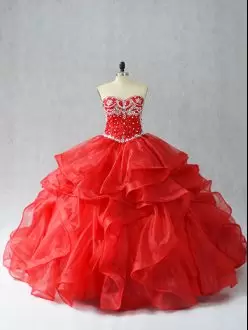 Red Sleeveless Organza Lace Up Quince Ball Gowns for Sweet 16 and Quinceanera