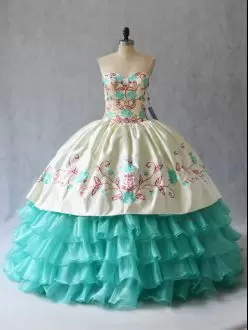 Custom Fit Aqua Blue Sweetheart Neckline Embroidery and Ruffled Layers Ball Gown Prom Dress Sleeveless Lace Up