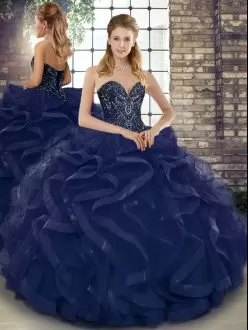 Dazzling Sleeveless Tulle Floor Length Lace Up 15th Birthday Dress in Navy Blue with Beading and Ruffles