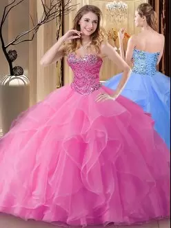 Sumptuous Floor Length Lace Up Quinceanera Dresses Rose Pink for Military Ball and Sweet 16 and Quinceanera with Beading