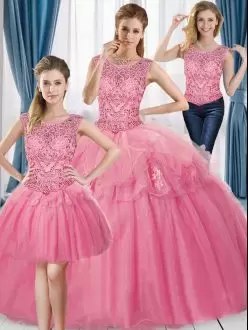 Adorable Pink Ball Gowns Scoop Sleeveless Tulle Floor Length Beading Quinceanera Gowns