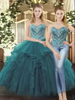 Clearance Floor Length Ball Gowns Sleeveless Teal 15 Quinceanera Dress Lace Up