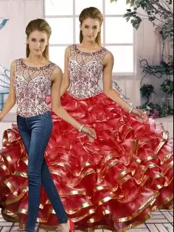 Hot Sale Red Quinceanera Dress Military Ball and Sweet 16 and Quinceanera with Beading and Ruffles Scoop Sleeveless Lace Up