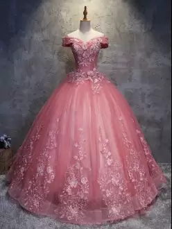 Beauteous Watermelon Red Tulle Off the Shoulder Sweet 16 Dress Under 200