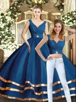 New Style V-neck Sleeveless Quinceanera Dress Floor Length Beading and Ruffled Layers Navy Blue Tulle
