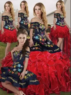Red And Black Sleeveless Embroidery and Ruffles Floor Length Quince Ball Gowns