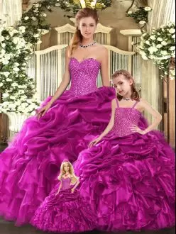 Designer Sleeveless Organza Floor Length Lace Up Quinceanera Dress in Fuchsia with Beading and Ruffles