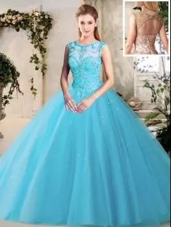 Romantic Baby Blue Ball Gowns Beading Quinceanera Dresses Lace Up Tulle Sleeveless Floor Length