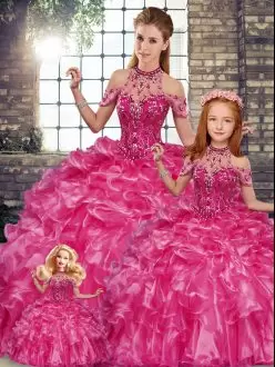 Luxurious Floor Length Ball Gowns Sleeveless Fuchsia Quince Ball Gowns Lace Up