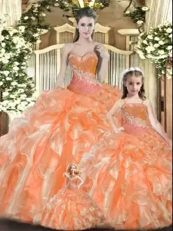 Sleeveless Floor Length Beading and Ruffles Lace Up Ball Gown Prom Dress with Orange Red
