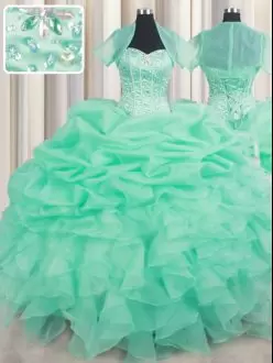 Apple Green Sleeveless Organza Lace Up 15 Quinceanera Dress for Military Ball and Sweet 16 and Quinceanera