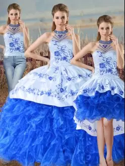 Top Selling Floor Length Three Pieces Sleeveless Blue And White Quinceanera Dress Court Train Lace Up