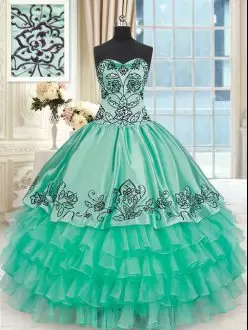 Traditional Turquoise Lace Up Sweet 16 Dresses Embroidery and Ruffled Layers Sleeveless Floor Length