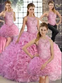 Sleeveless Floor Length Beading Lace Up Ball Gown Prom Dress with Rose Pink
