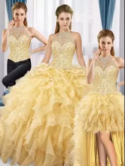 Extravagant Halter Top Sleeveless Organza Quinceanera Dress Beading and Ruffles Lace Up