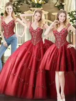 Clearance Floor Length Wine Red Quinceanera Gown V-neck Sleeveless Lace Up